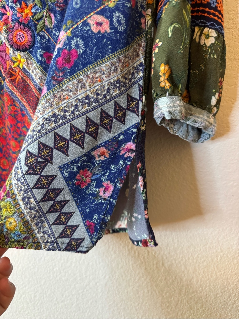 John Mark Embroidered Boho Floral Patchwork 3/4 Sleeve Blouse Tunic Top Size S - Picture 12 of 13